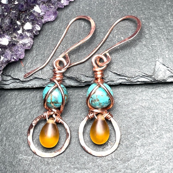 Artisan Copper and Wrapped Turquoise Dangle Earrings - Picture 2 of 9